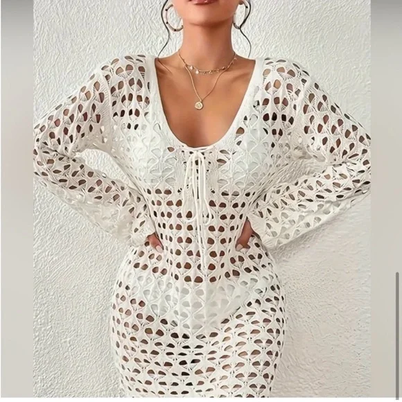 Hollow Out Crochet Lace Up Knitted Beach Summer Cover-Up Dress, Size L, NWOT - Picture 7 of 10